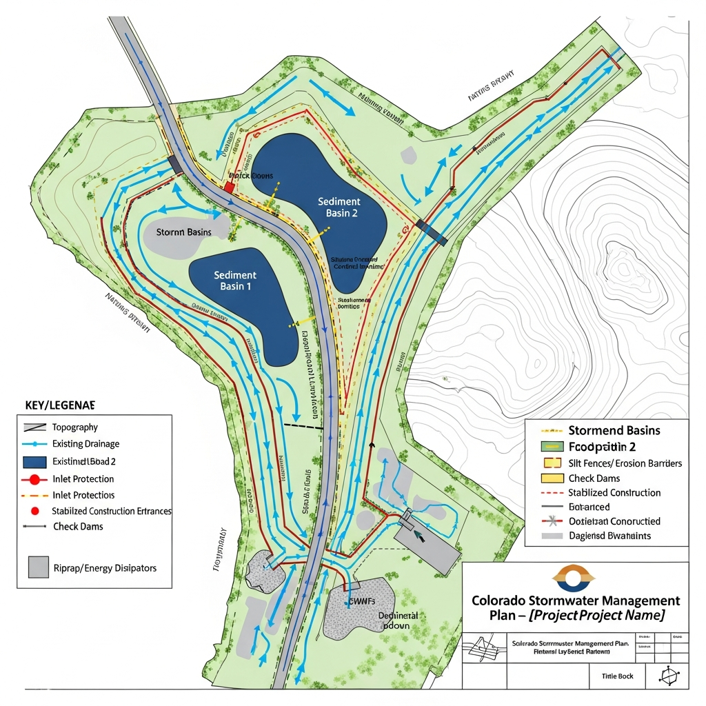 Detailed site map showing Colorado stormwater management facilities and drainage patterns for construction compliance