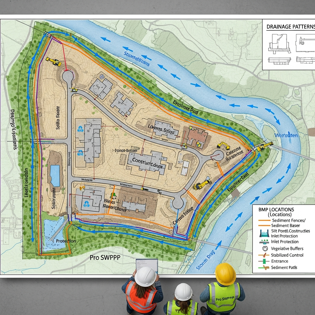 Detailed site map showing drainage patterns and BMP locations on Arkansas construction project for SWPPP requirements