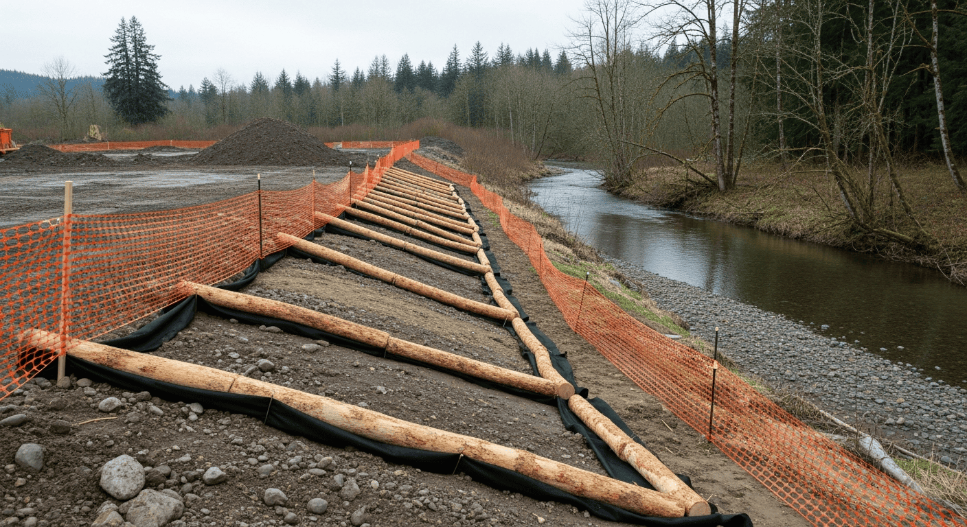 Washington State construction site with erosion control barriers and silt fencing installed near a creek for SWPPP requirements