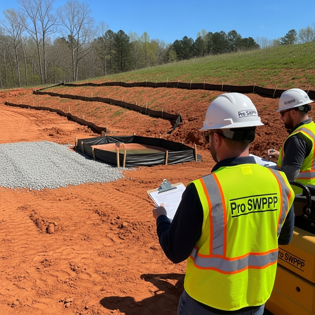 Certified SWPPP Inspector Conducting Quarterly Stormwater Inspection At Georgia Construction Site With Proper Erosion And Sediment Control Measures