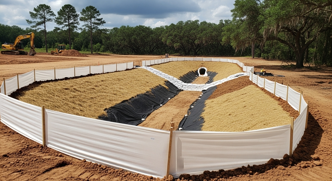 Construction Site With Erosion Control Measures And Silt Fencing In South Carolina, SWPPP Requirements South Carolina