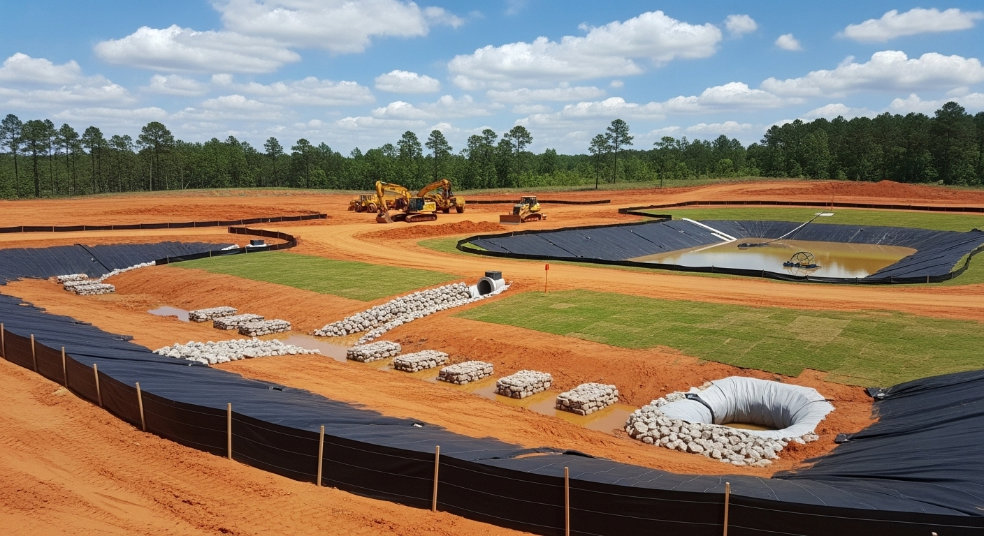 Georgia Construction Site With Stormwater Management Systems And Erosion Control Measures In Place, SWPPP Requirements In Georgia