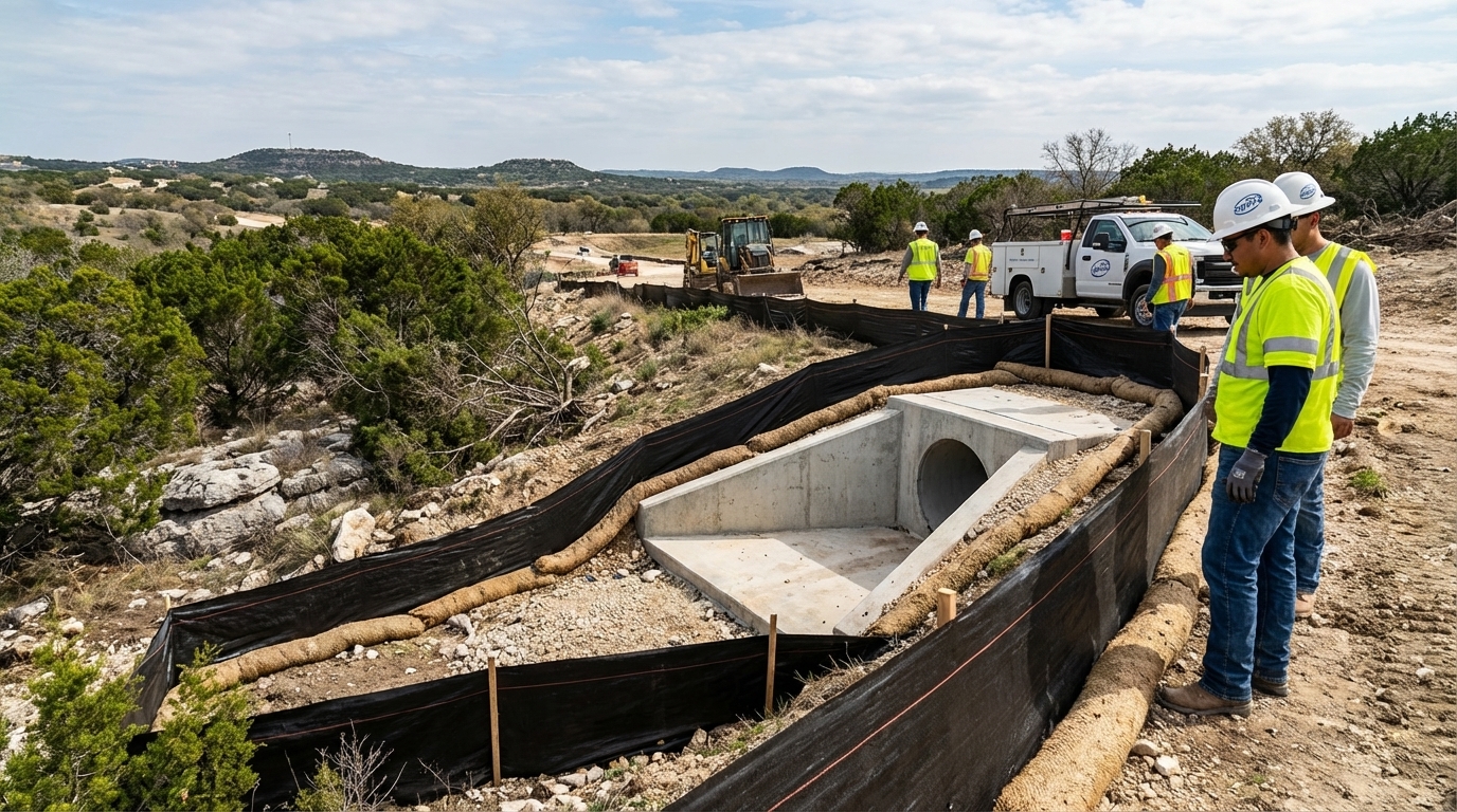 Construction site in Bexar County Texas with erosion control BMPs and silt fencing protecting stormwater drainage