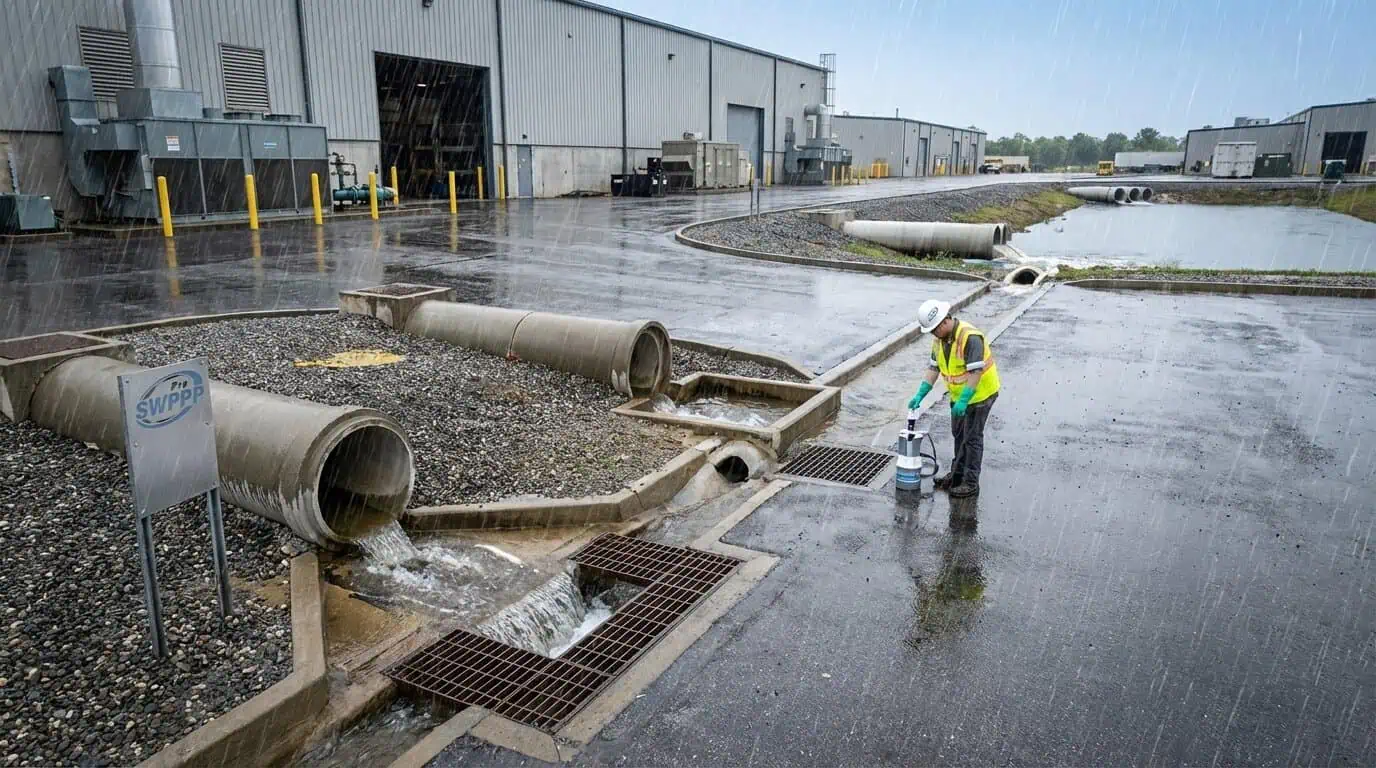 industrial facility with stormwater runoff and drainage system