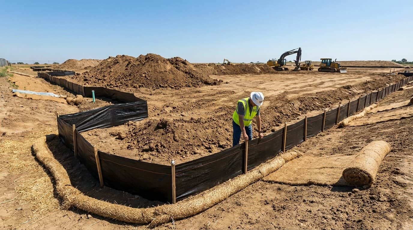 Construction site with erosion control measures and silt fencing installed around disturbed soil areas