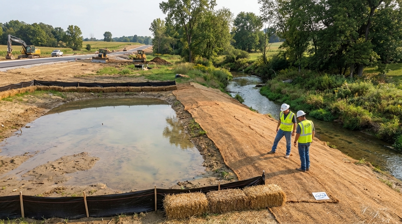 Sediment basin and erosion control blanket protecting stream during construction in Indiana