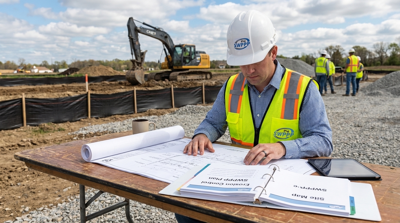 engineer reviewing SWPPP documents with construction plans on a jobsite table