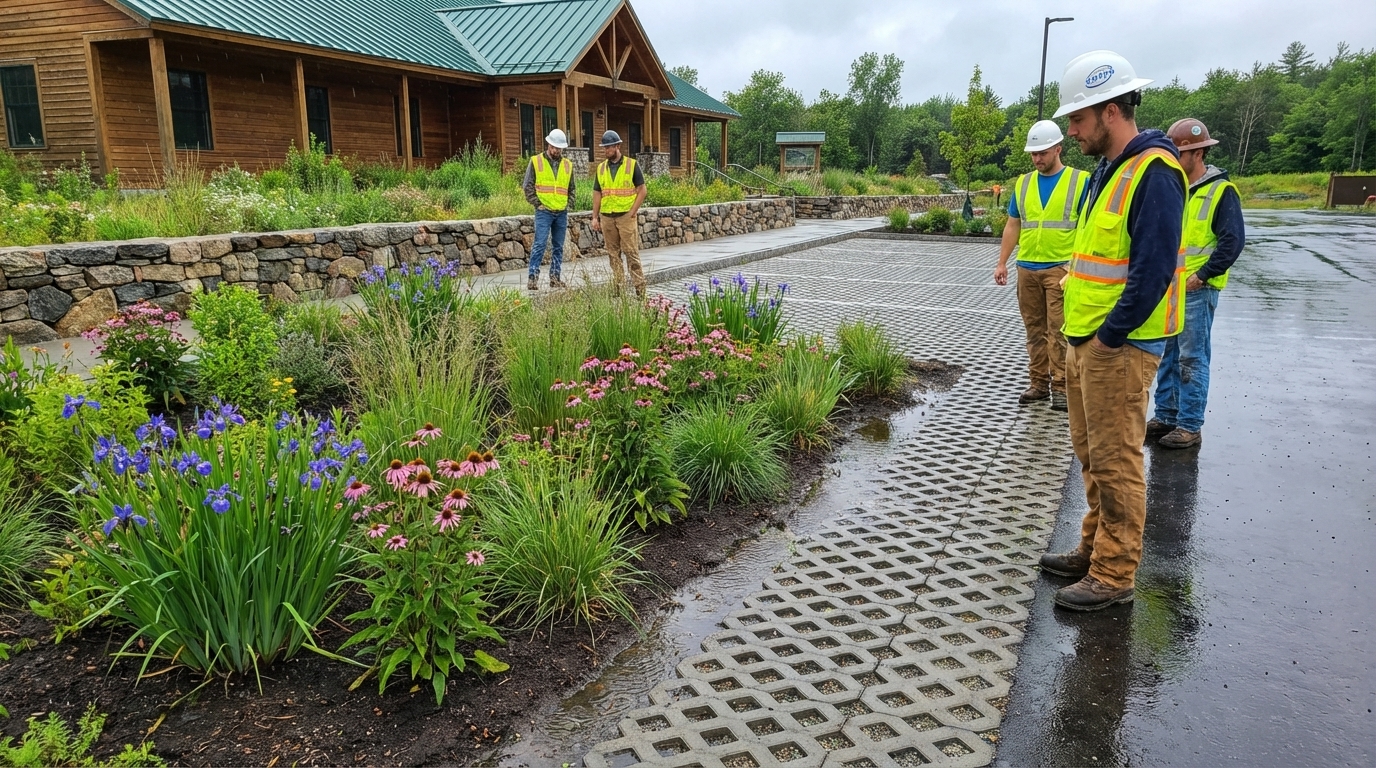 Low-impact development stormwater feature with rain garden and permeable pavement in Maine