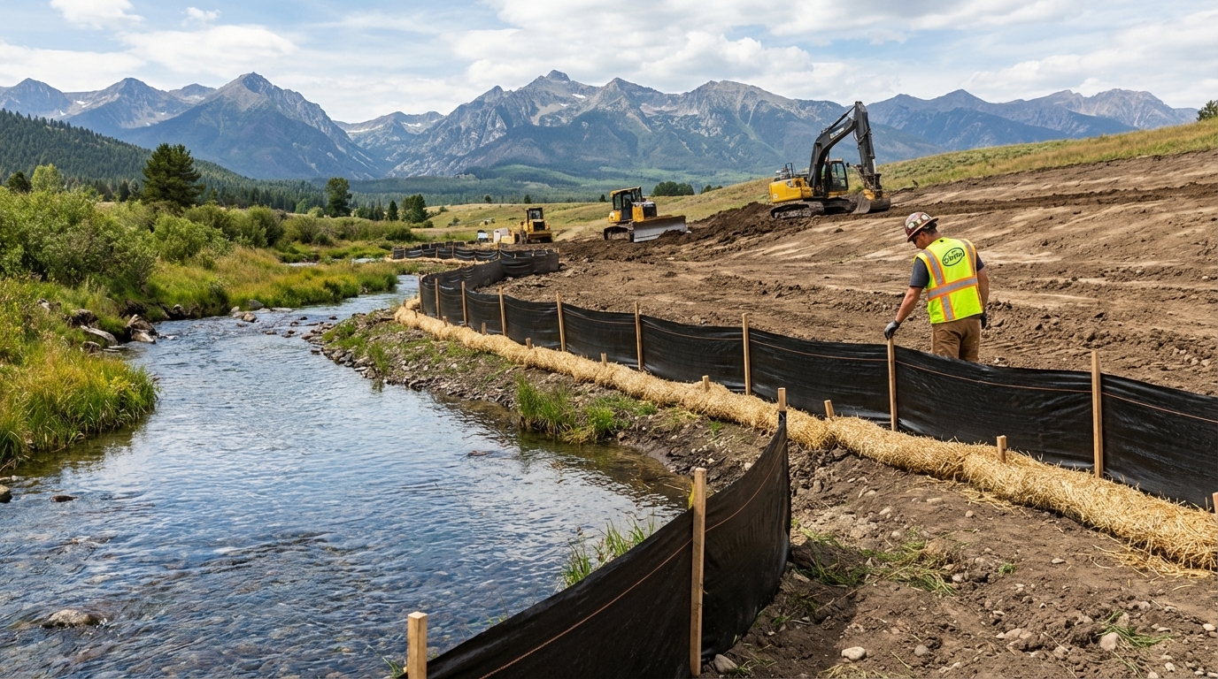 Montana construction site with erosion control barriers and silt fencing protecting a stream