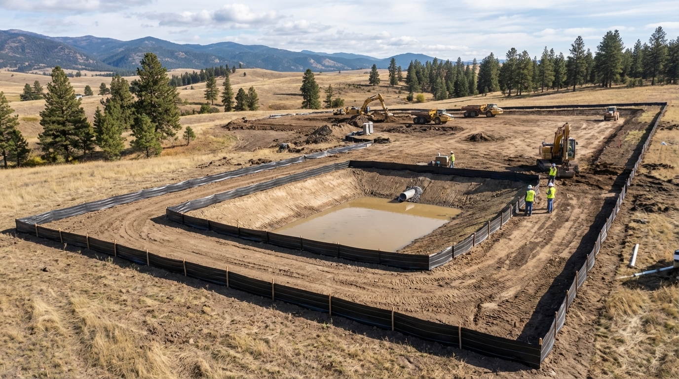 Aerial view of Montana construction site with sediment basin and perimeter silt fencing installed