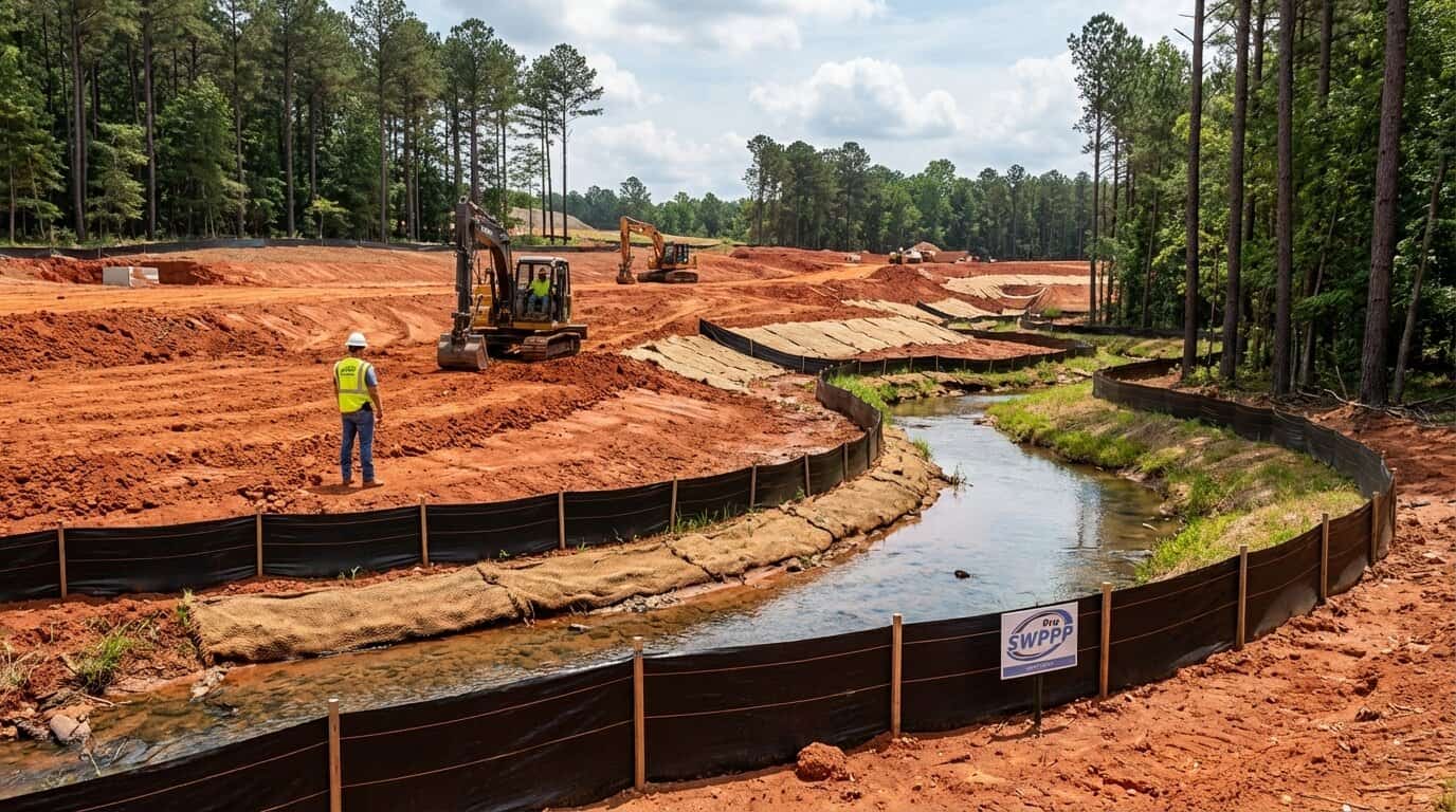 Georgia construction site with erosion control measures and silt fencing protecting waterways