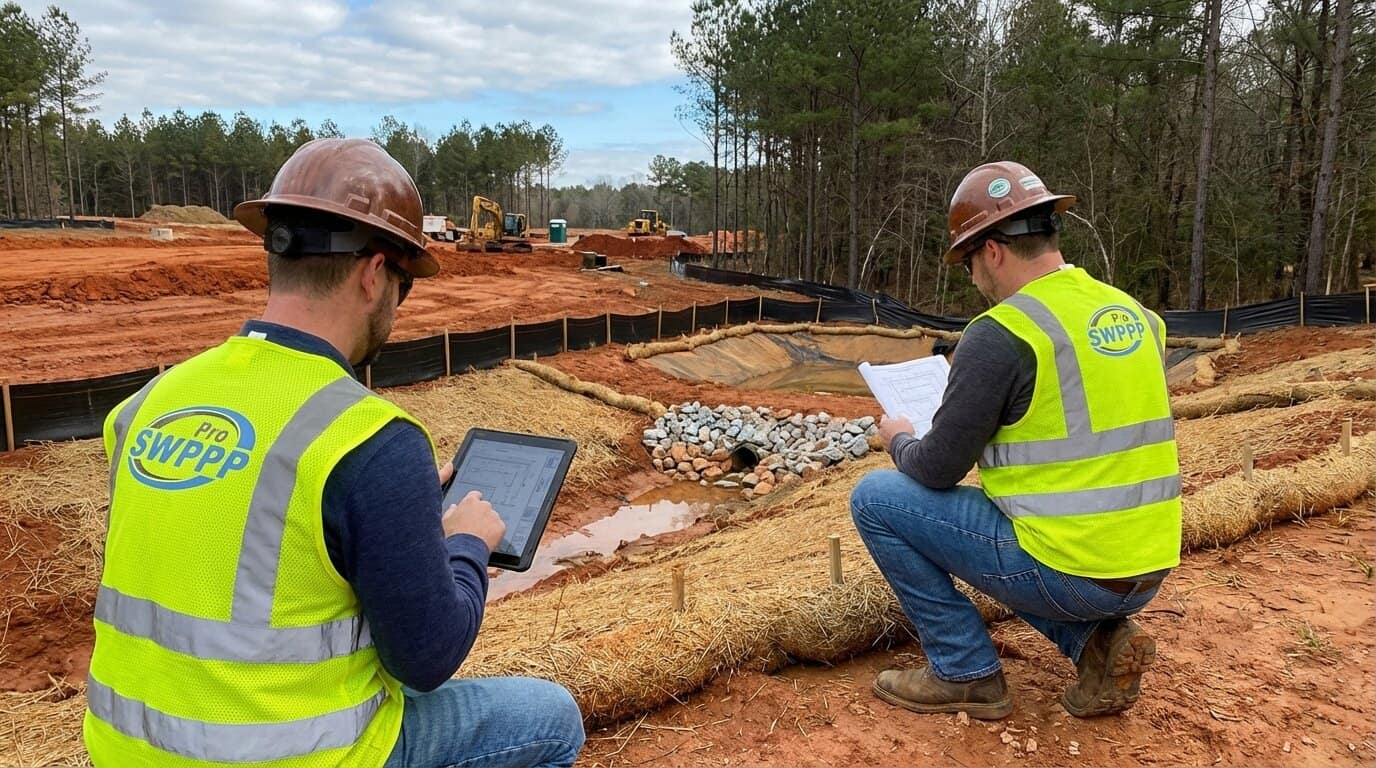 Contractor reviewing ES&C Plan documents on tablet at Georgia construction site with erosion control BMPs visible