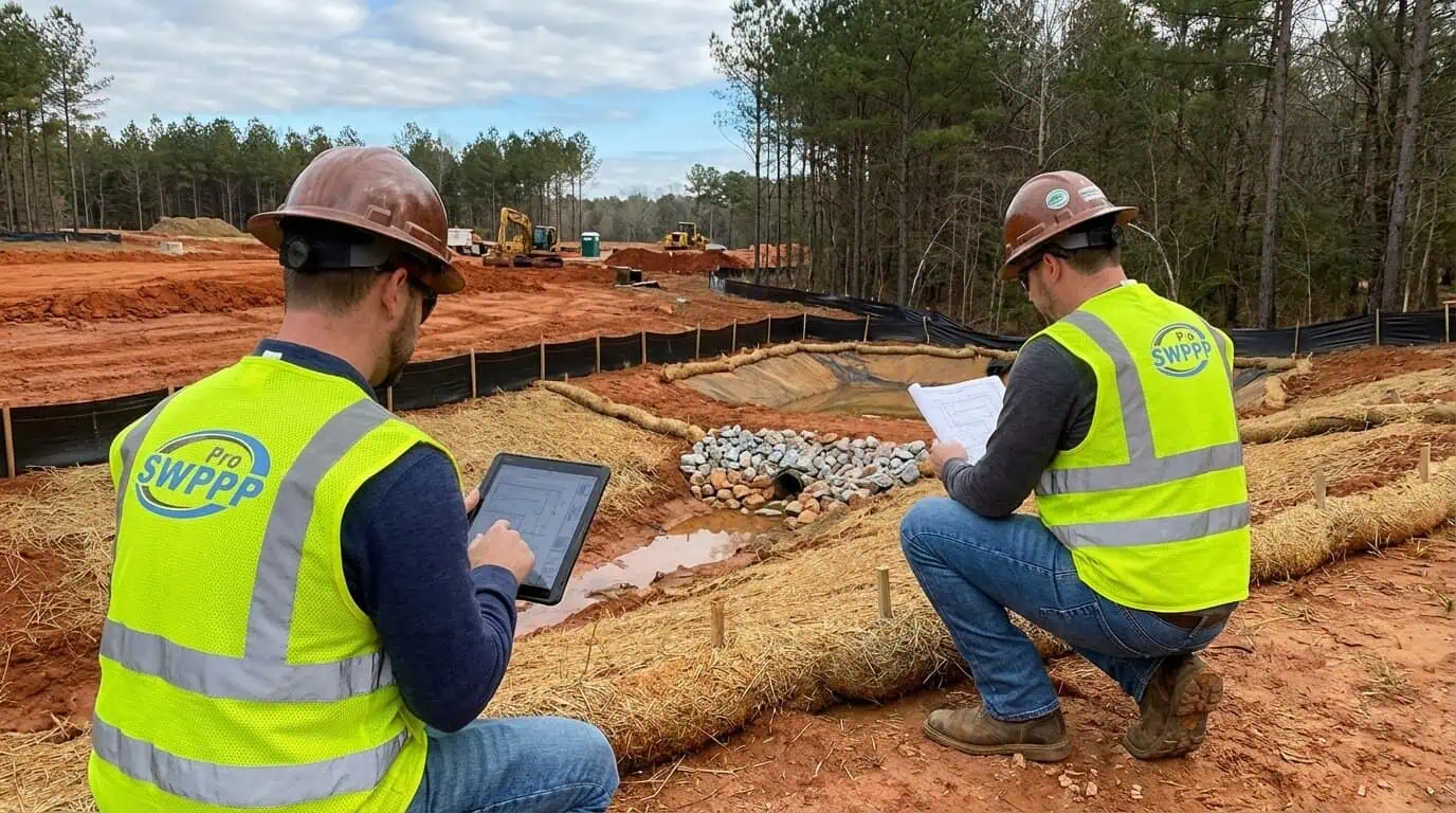Contractor reviewing ES&C Plan documents on tablet at Georgia construction site with erosion control BMPs visible