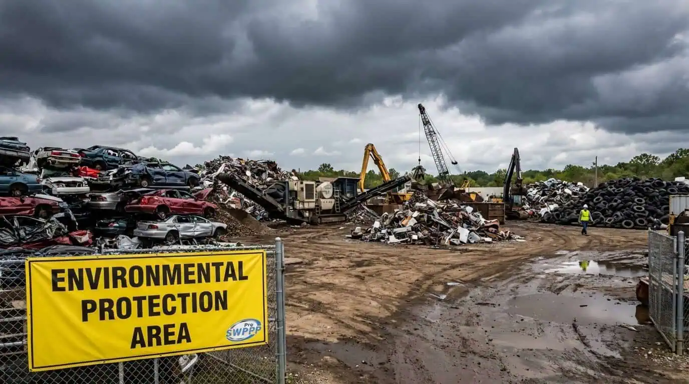 Wide shot of an auto salvage yard with stacked cars and metal piles under open sky with storm clouds overhead
