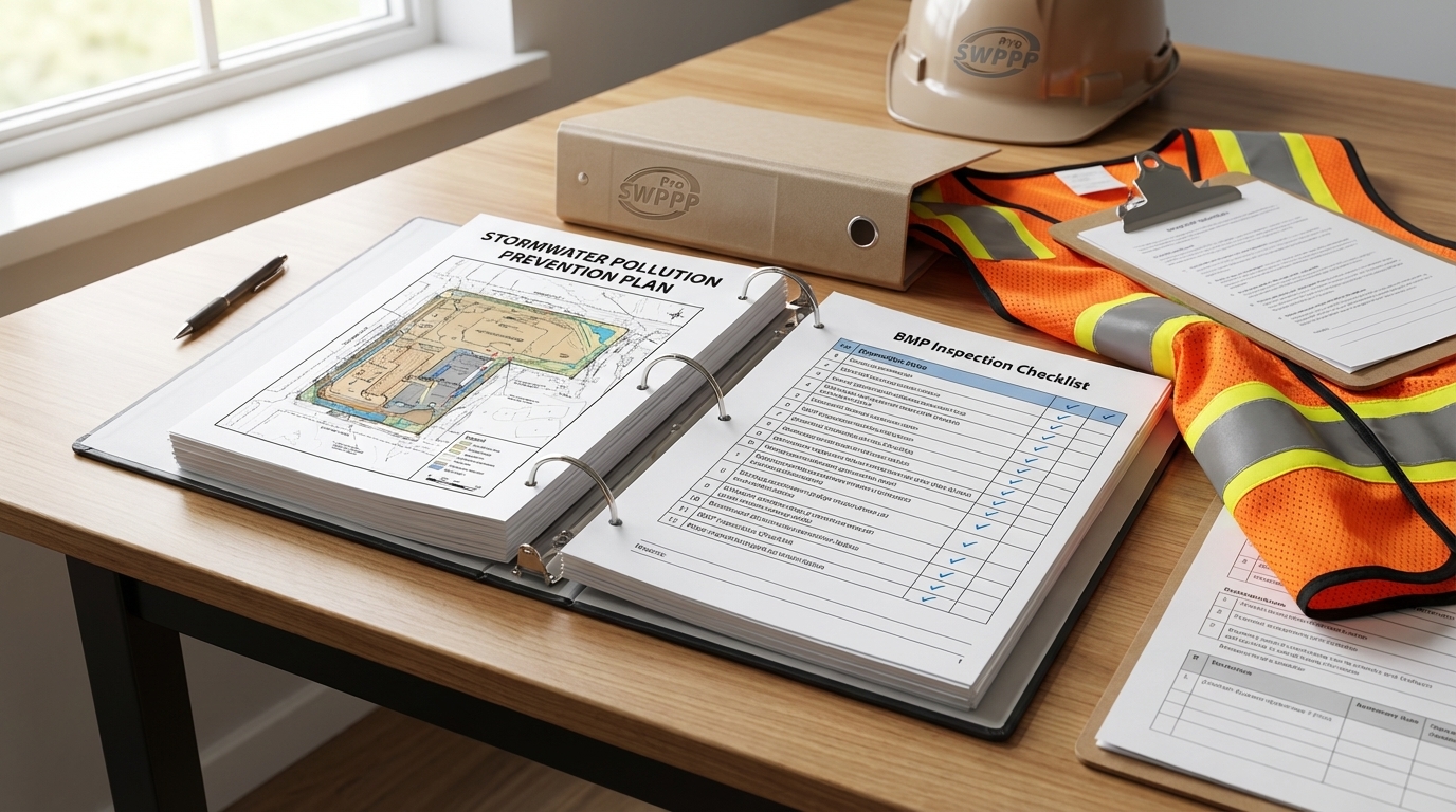 Close-up of a SWPPP binder open on a desk with site map and BMP checklist visible next to safety vest and clipboard