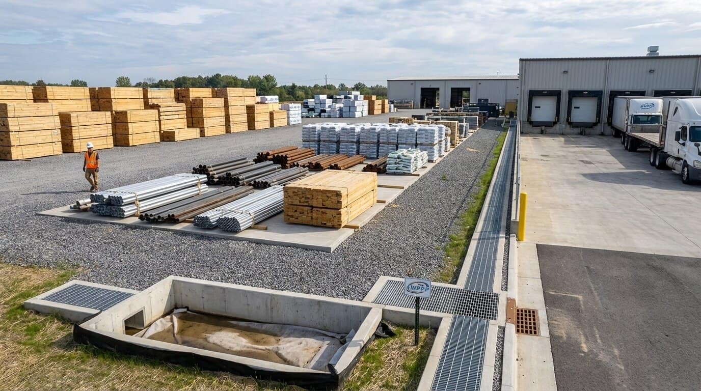 Industrial facility with outdoor materials and stormwater drains