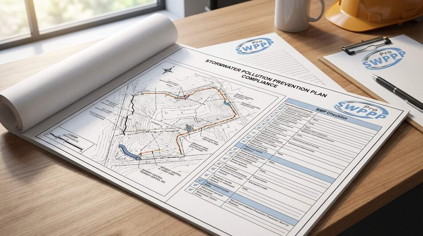 SWPPP document with site map and BMP checklists on desk