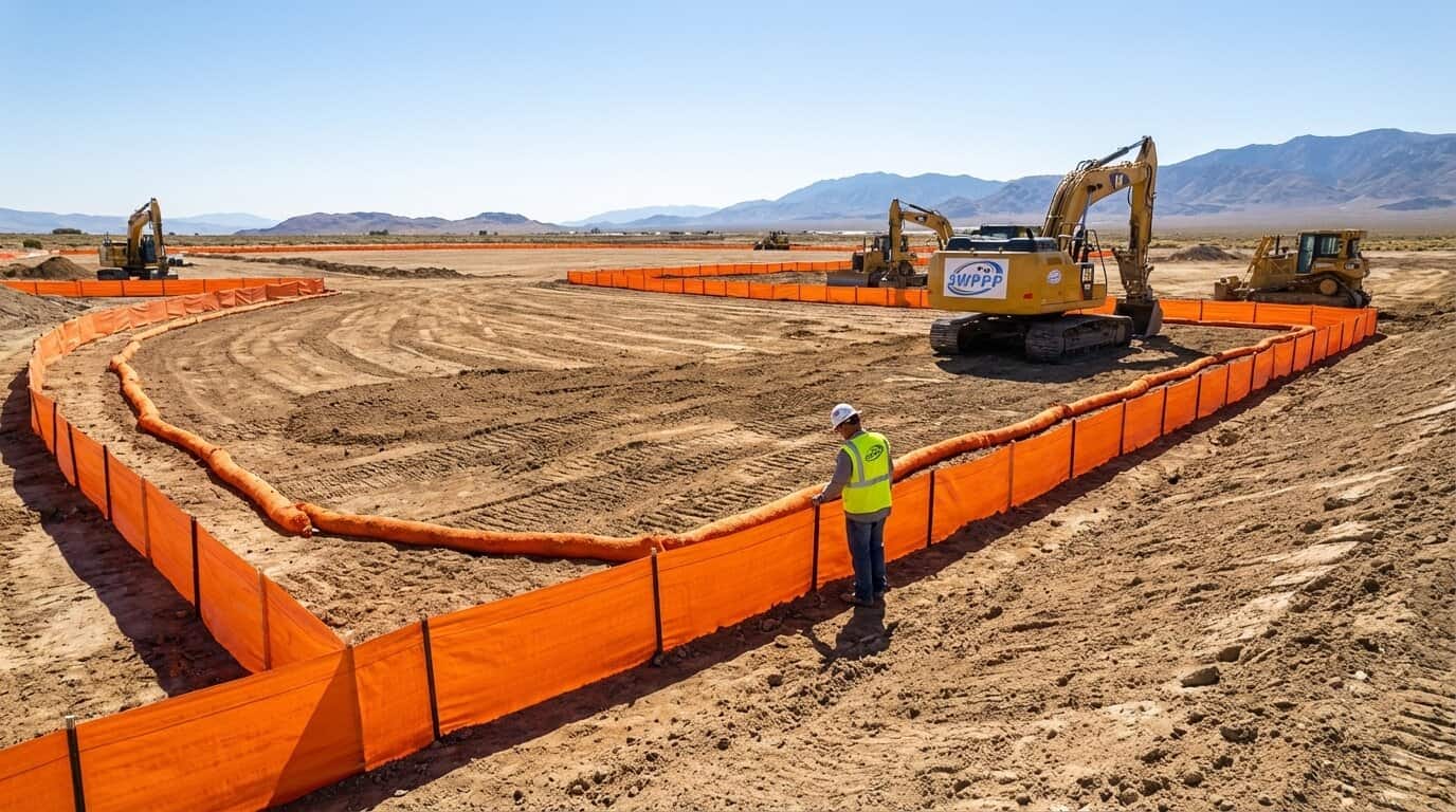 Construction site in Nevada showing erosion control measures and silt fencing near disturbed soil