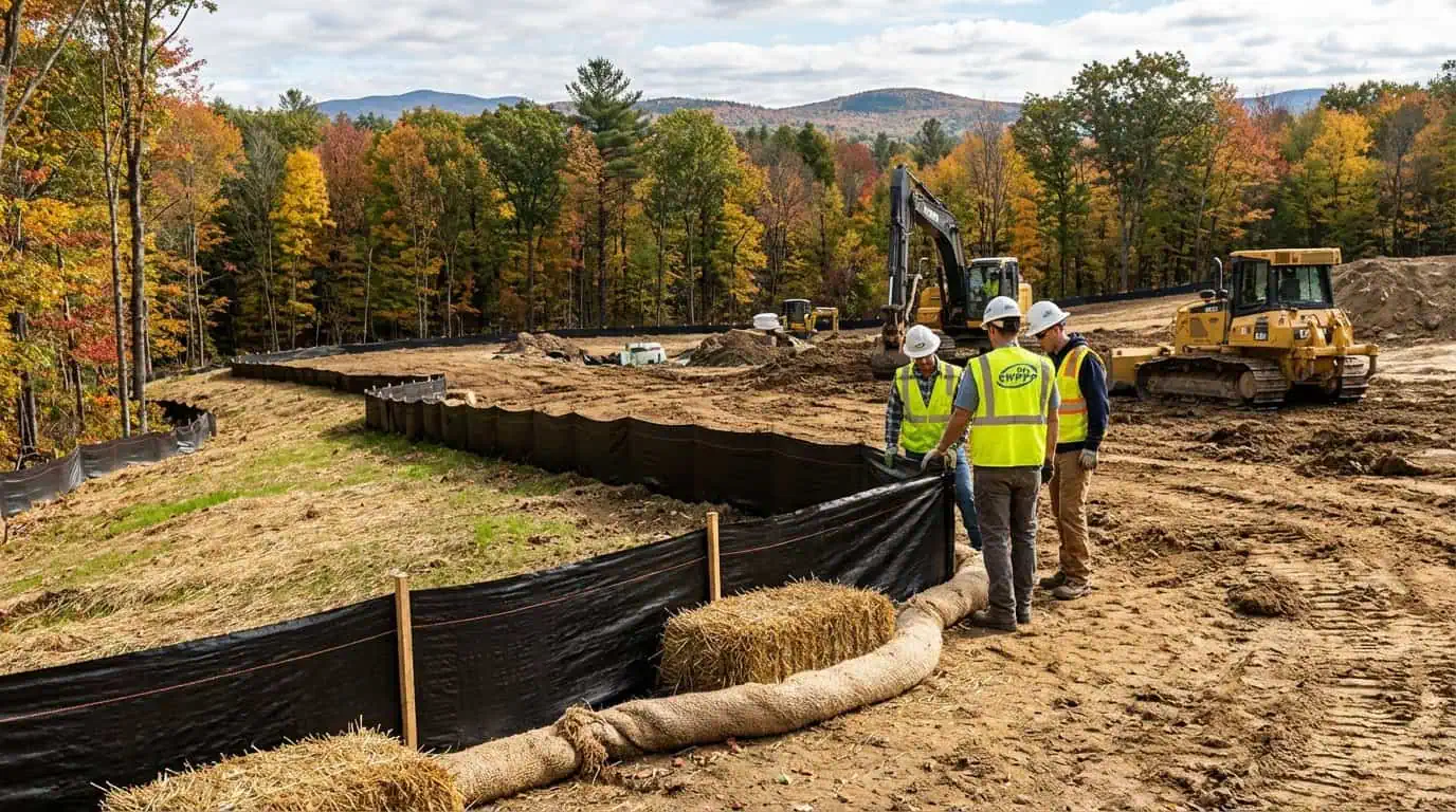 construction site in New Hampshire with erosion control measures and silt fencing installed
