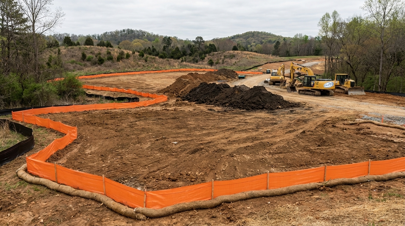 Construction site in North Carolina with silt fencing and erosion control measures installed around cleared land