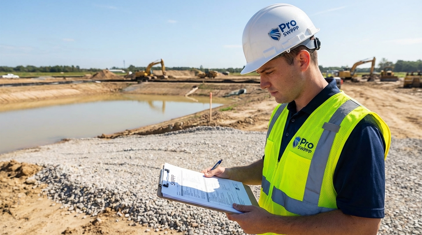Inspector reviewing SWPPP documents on a construction site with erosion control structures visible in background
