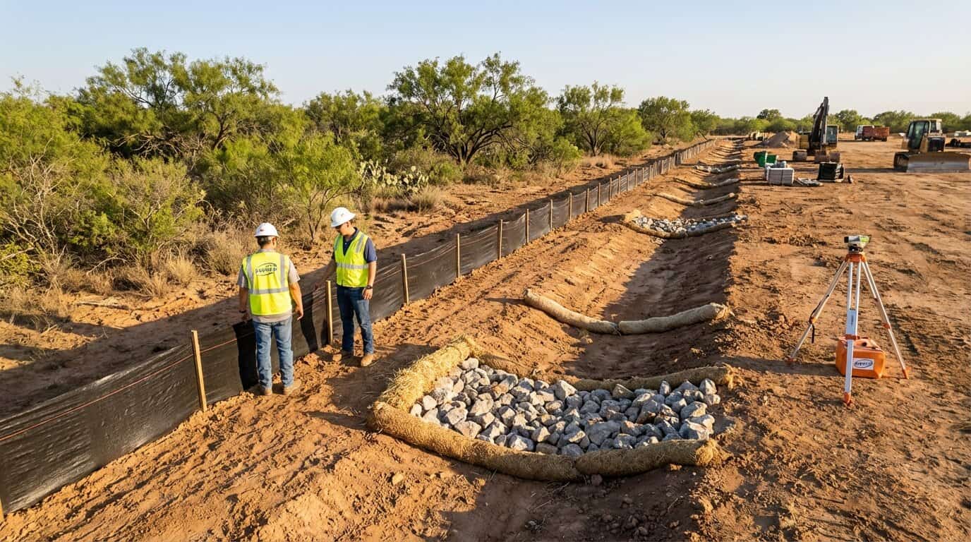 construction site with silt fence and erosion control measures in Texas