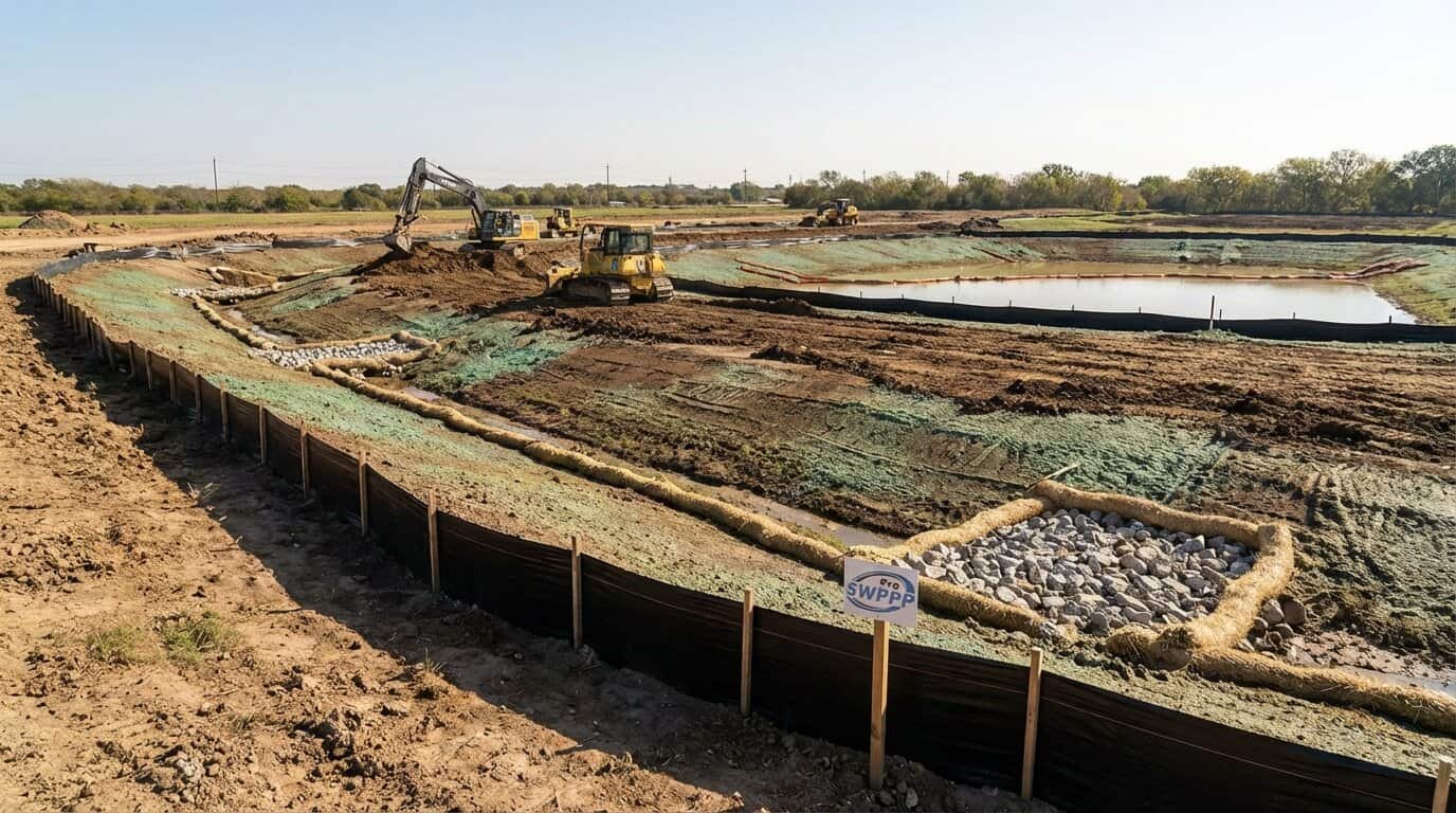 Texas construction site with erosion control measures and silt fences installed