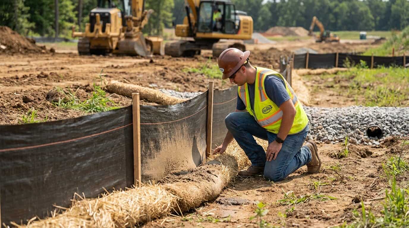 Close-up of silt fence and sediment control BMPs on active construction site