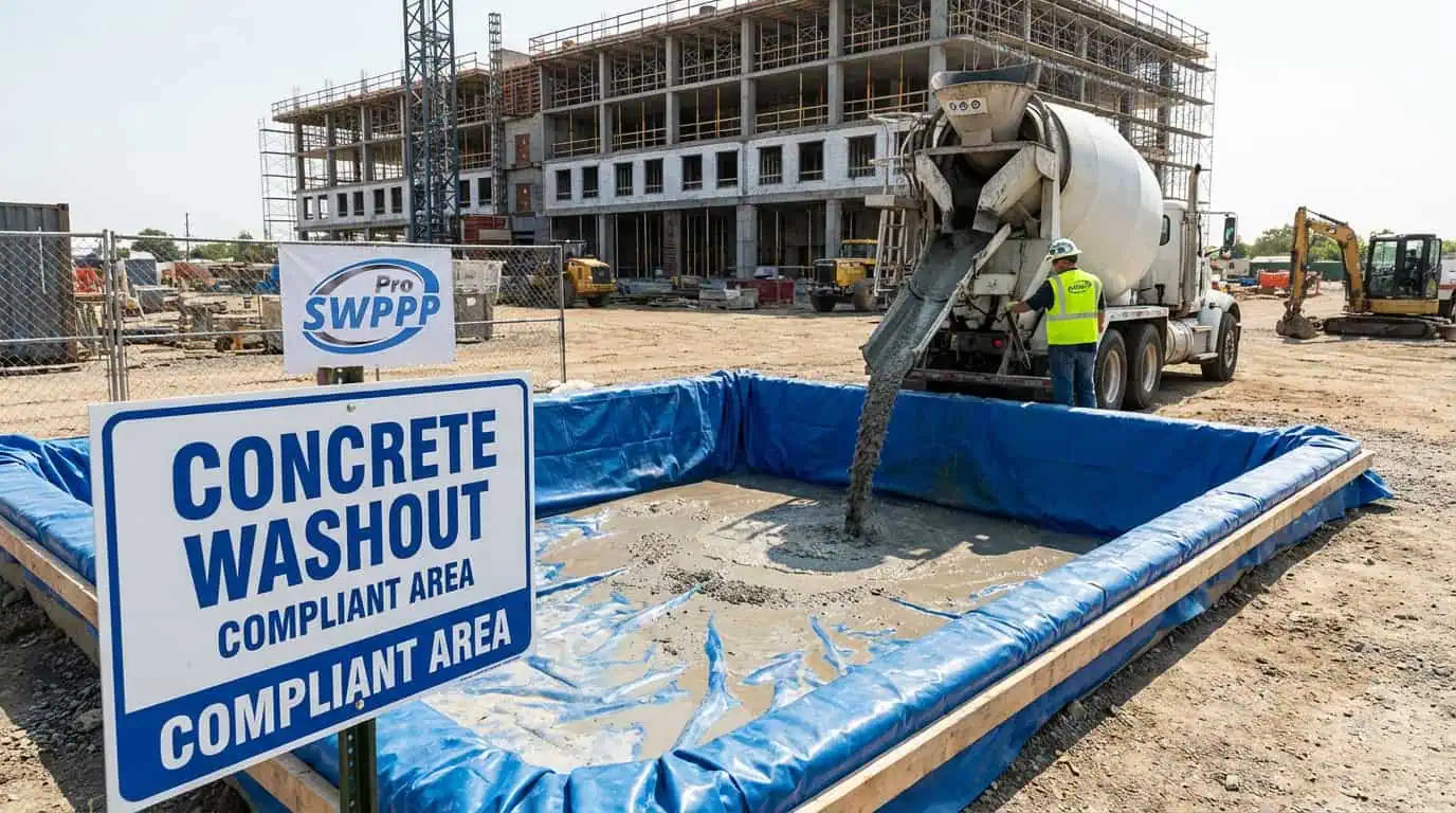 Concrete washout area with ProSWPPP system at construction site.