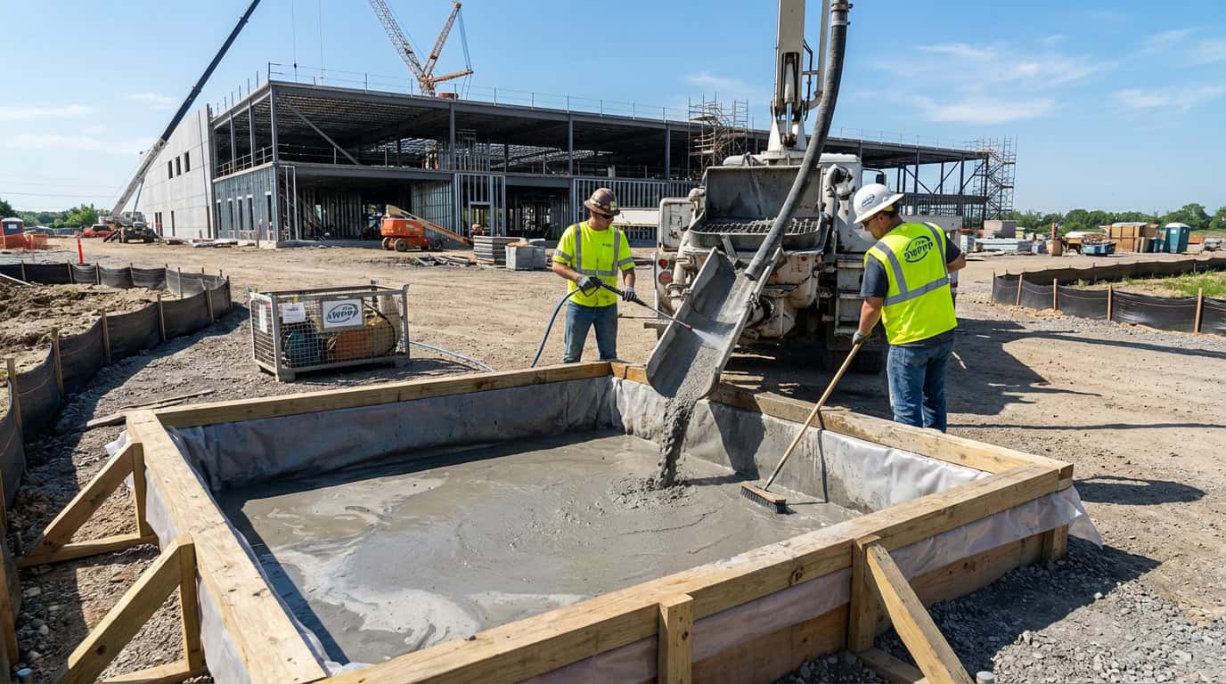 Concrete pouring at a construction site for stormwater pollution prevention.
