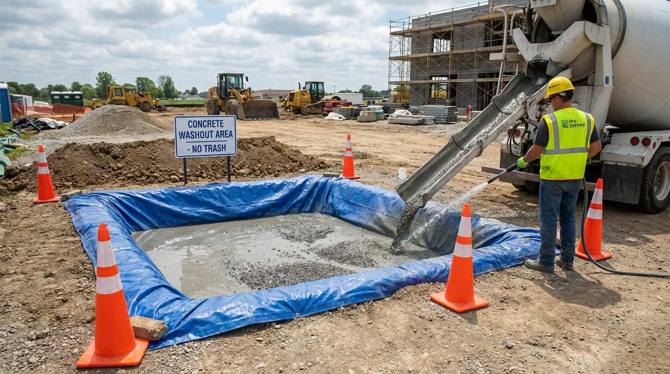 concrete washout containment area on active construction site with clear signage and lined pit