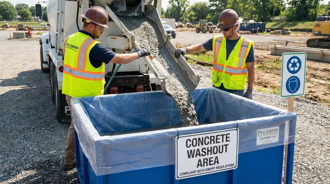 worker rinsing concrete chute into designated washout container with proper signage visible