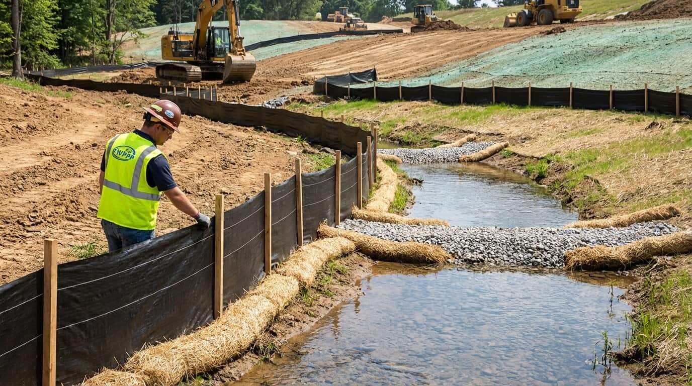 Construction site with erosion control measures and silt fencing protecting a stream