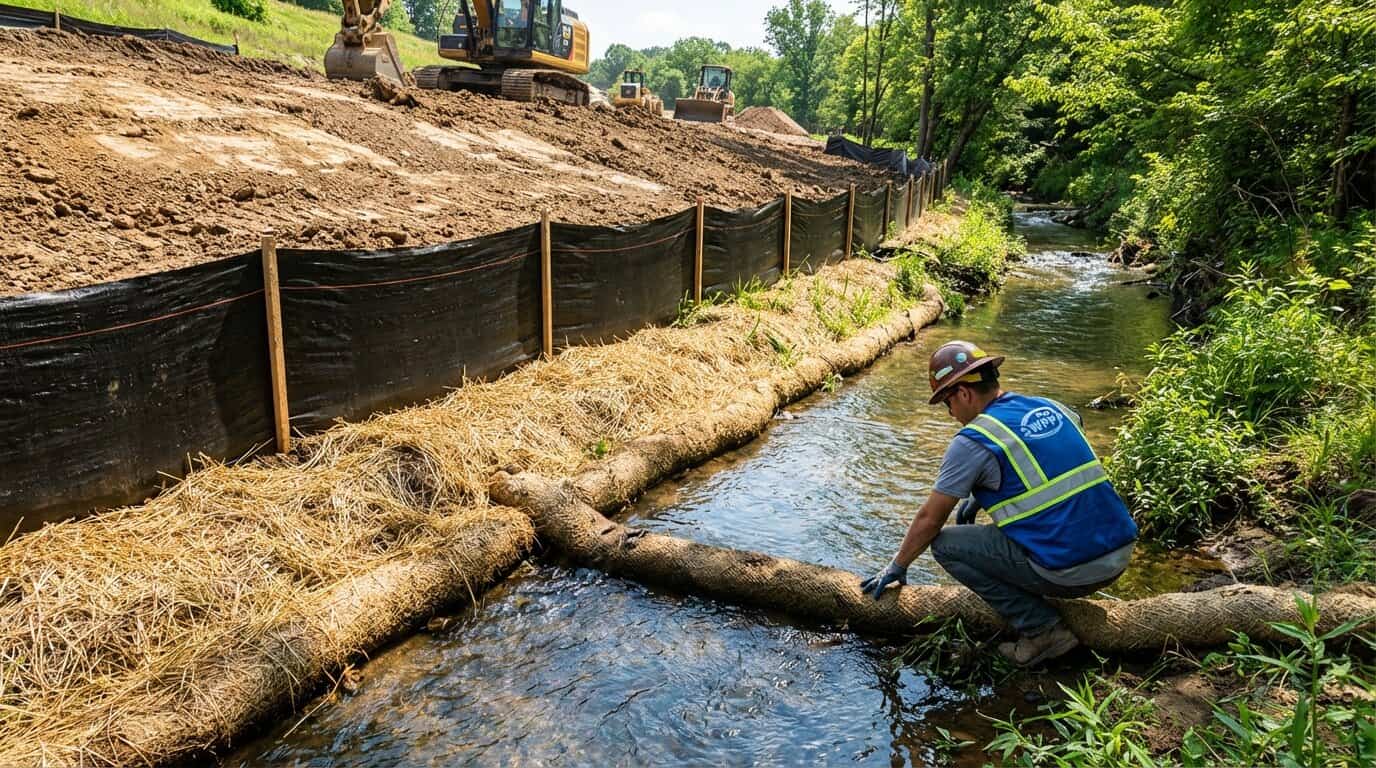 Construction site with silt fence and erosion control measures protecting a nearby stream