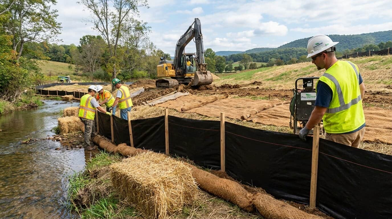 Virginia construction site with erosion control measures and silt fencing protecting a stream