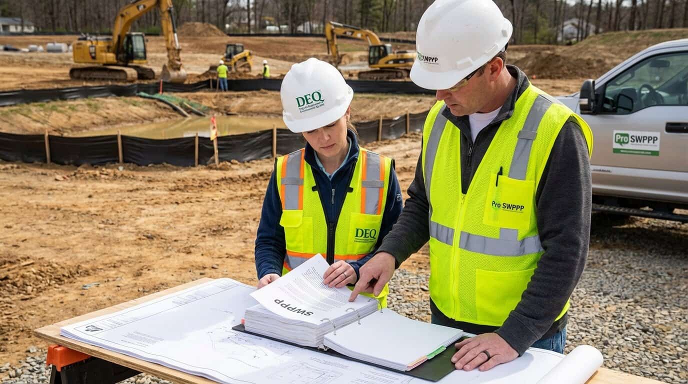 Virginia DEQ inspector reviewing SWPPP documentation at a construction site