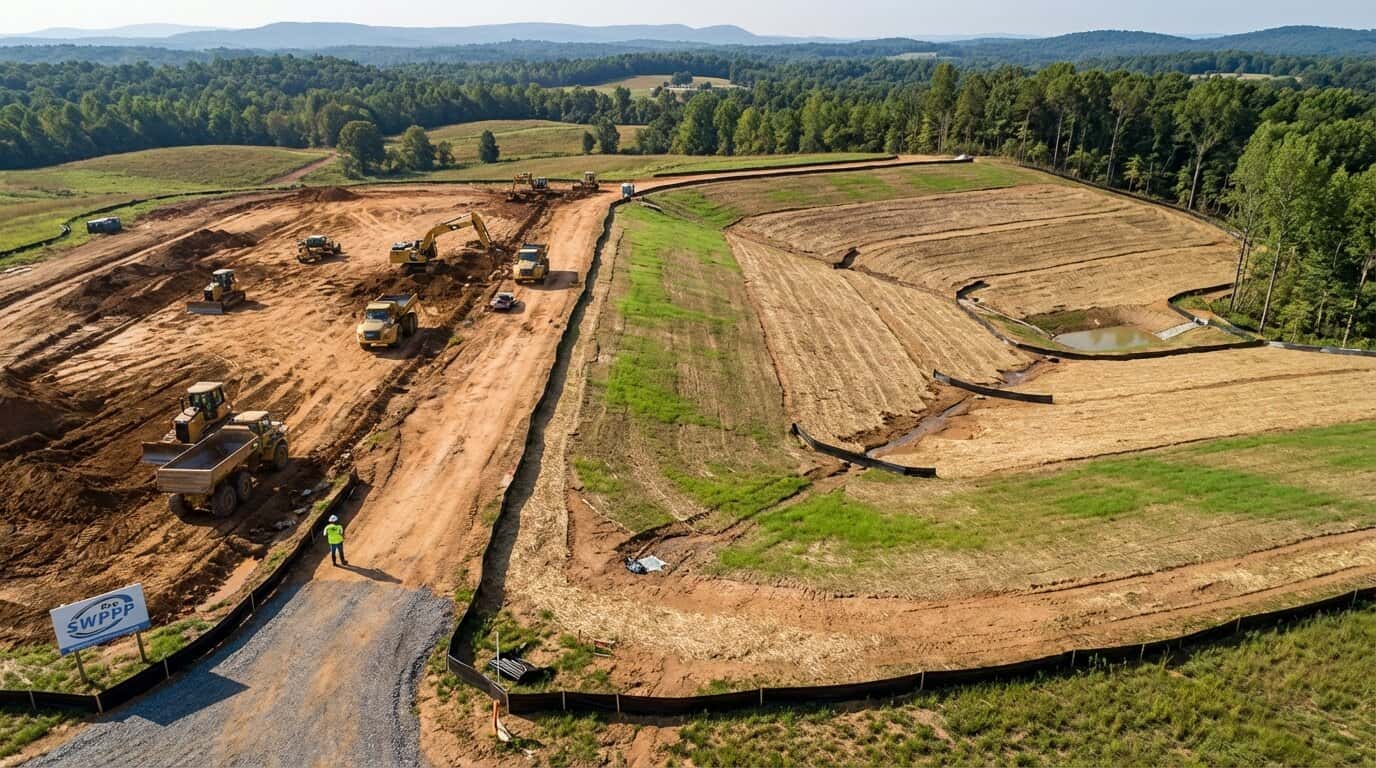Aerial view of Virginia construction project with phased grading and temporary seeding