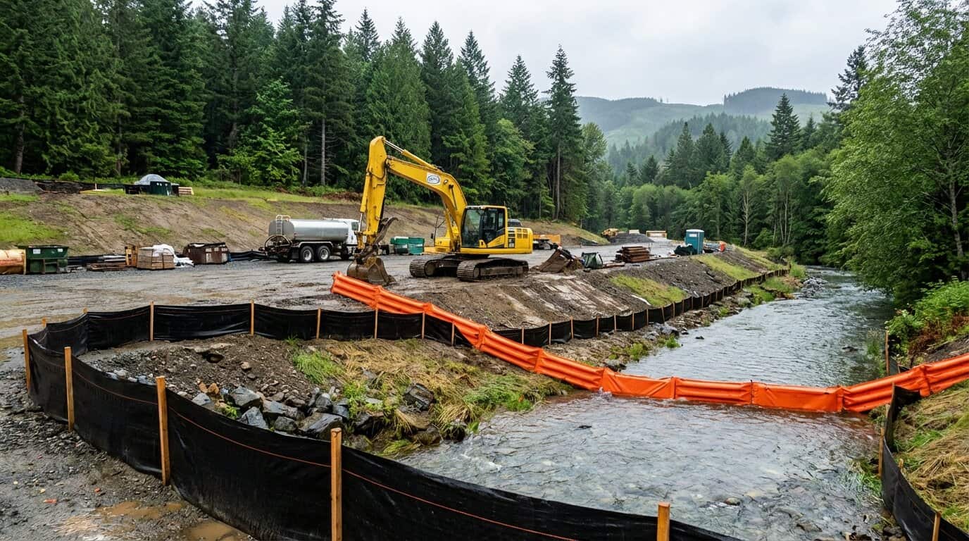 Construction site in Washington State with silt fences and orange barriers protecting a stream from stormwater runoff