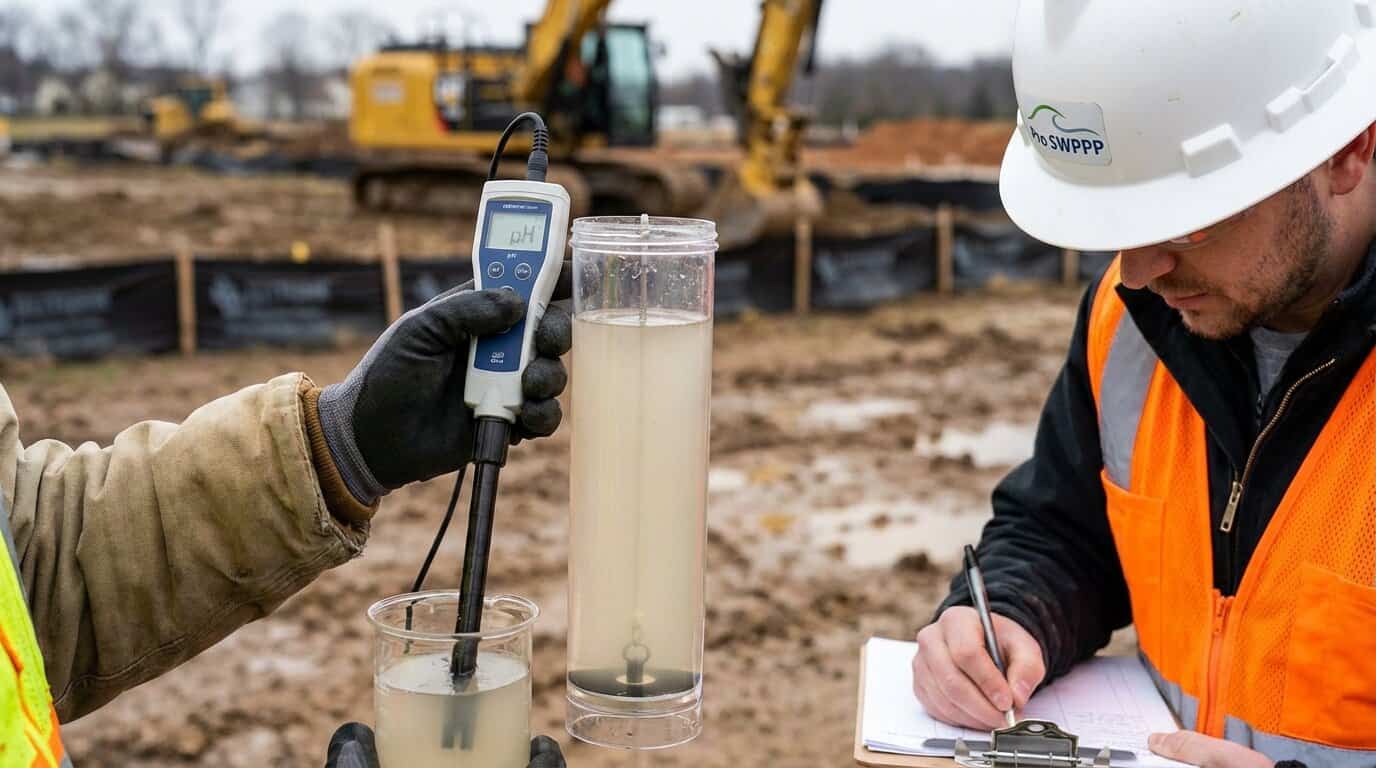Close-up of a calibrated pH meter and turbidity tube on a muddy construction site with a CESCL inspector in a hard hat taking water quality samples