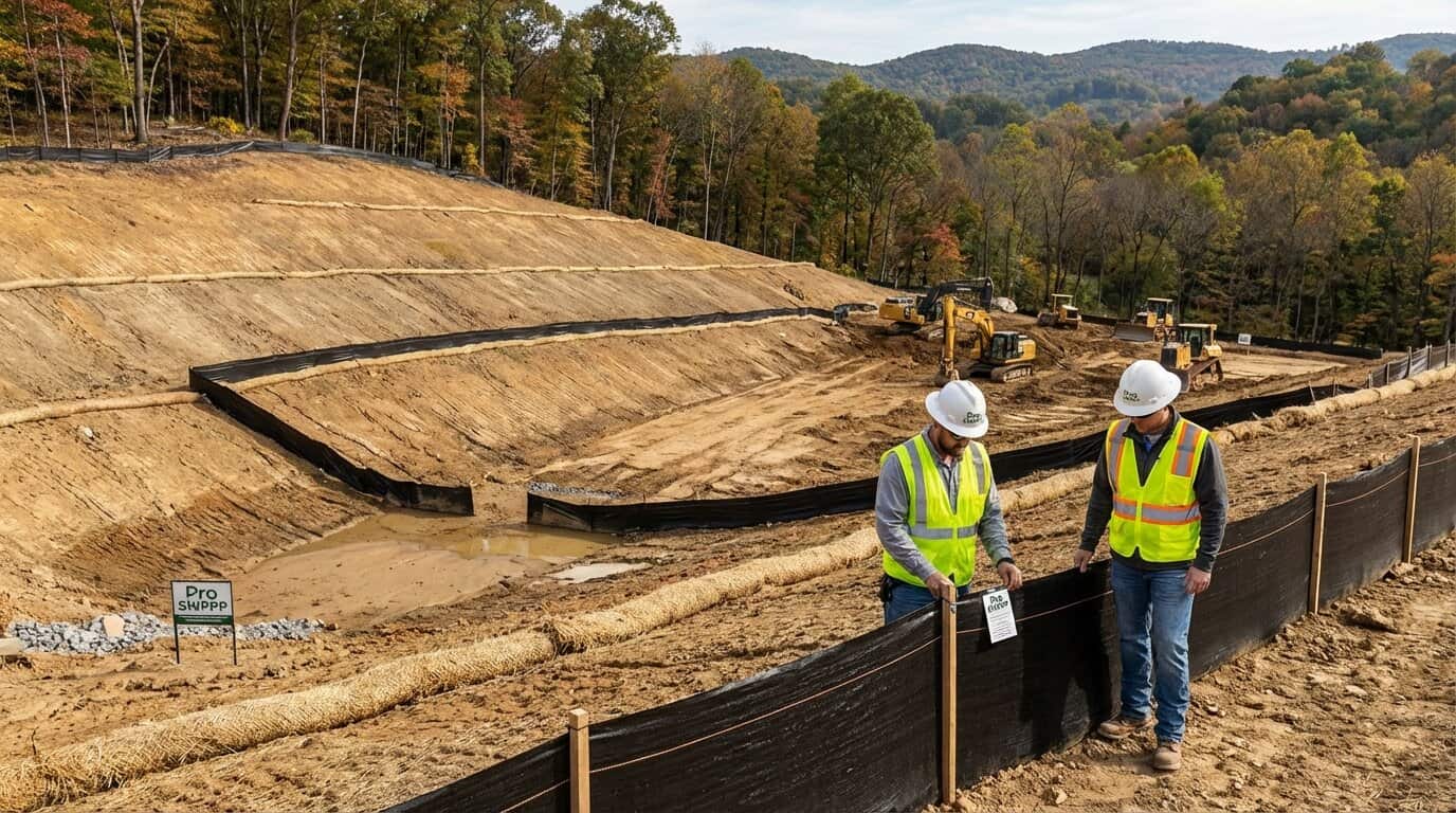 West Virginia construction site with erosion control measures and silt fences along a hillside