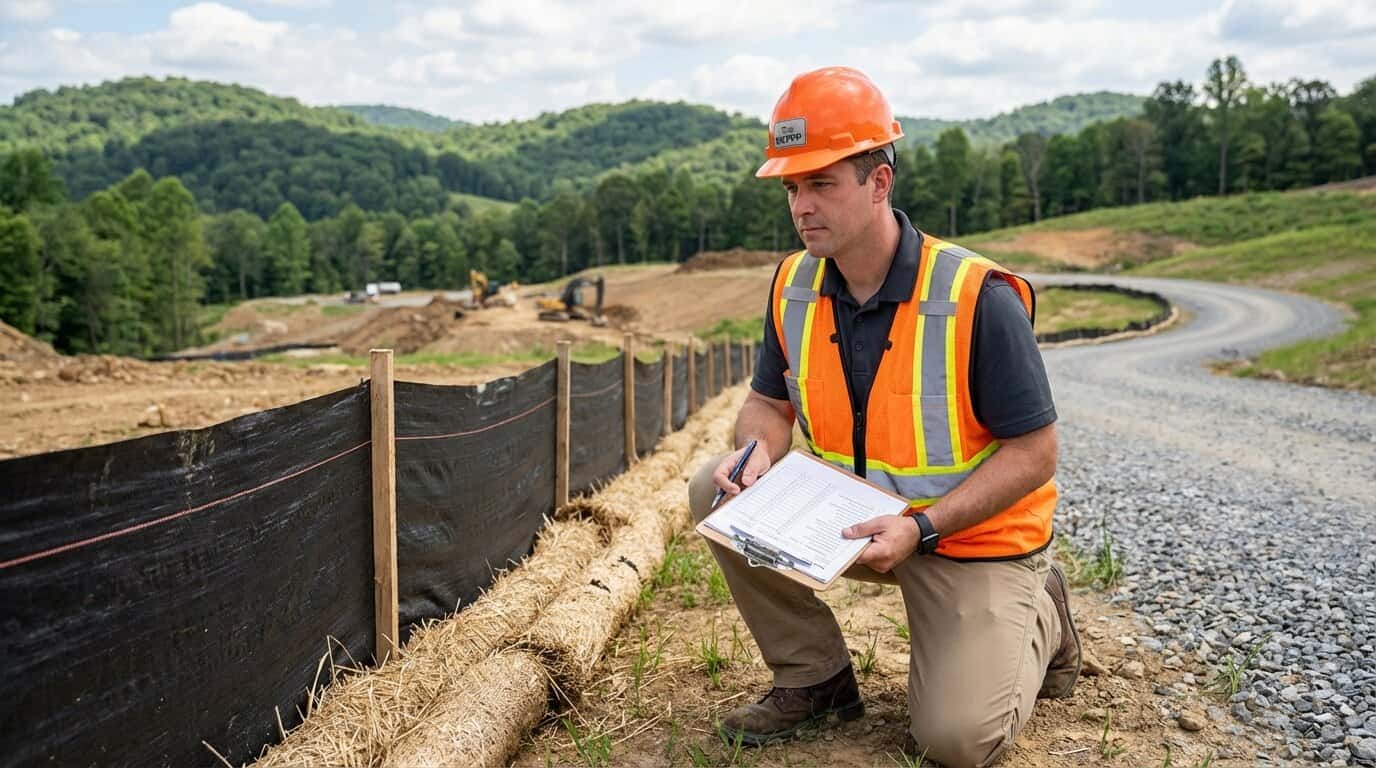 Inspector reviewing erosion control measures on a West Virginia job site with clipboard and safety vest