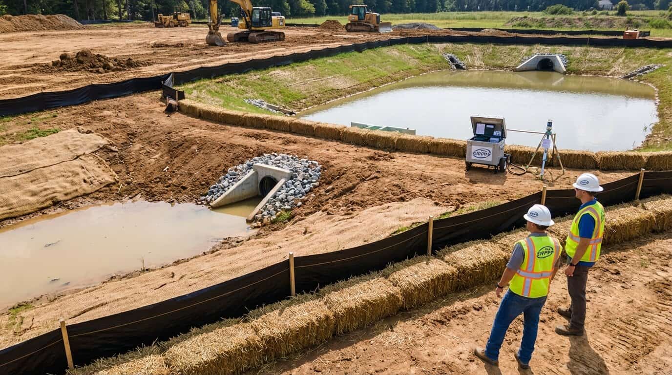 Construction site with erosion control measures and stormwater management equipment in place