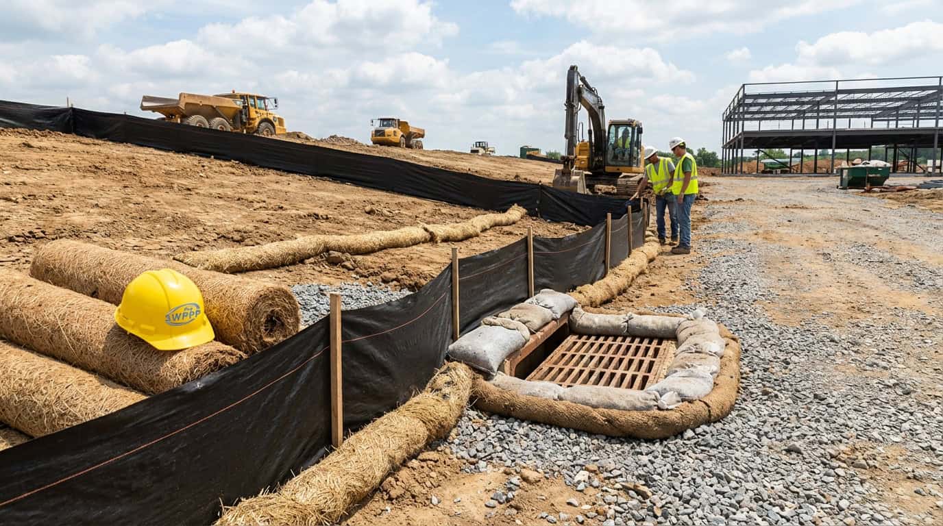 Construction site with erosion control measures and silt fencing protecting storm drains