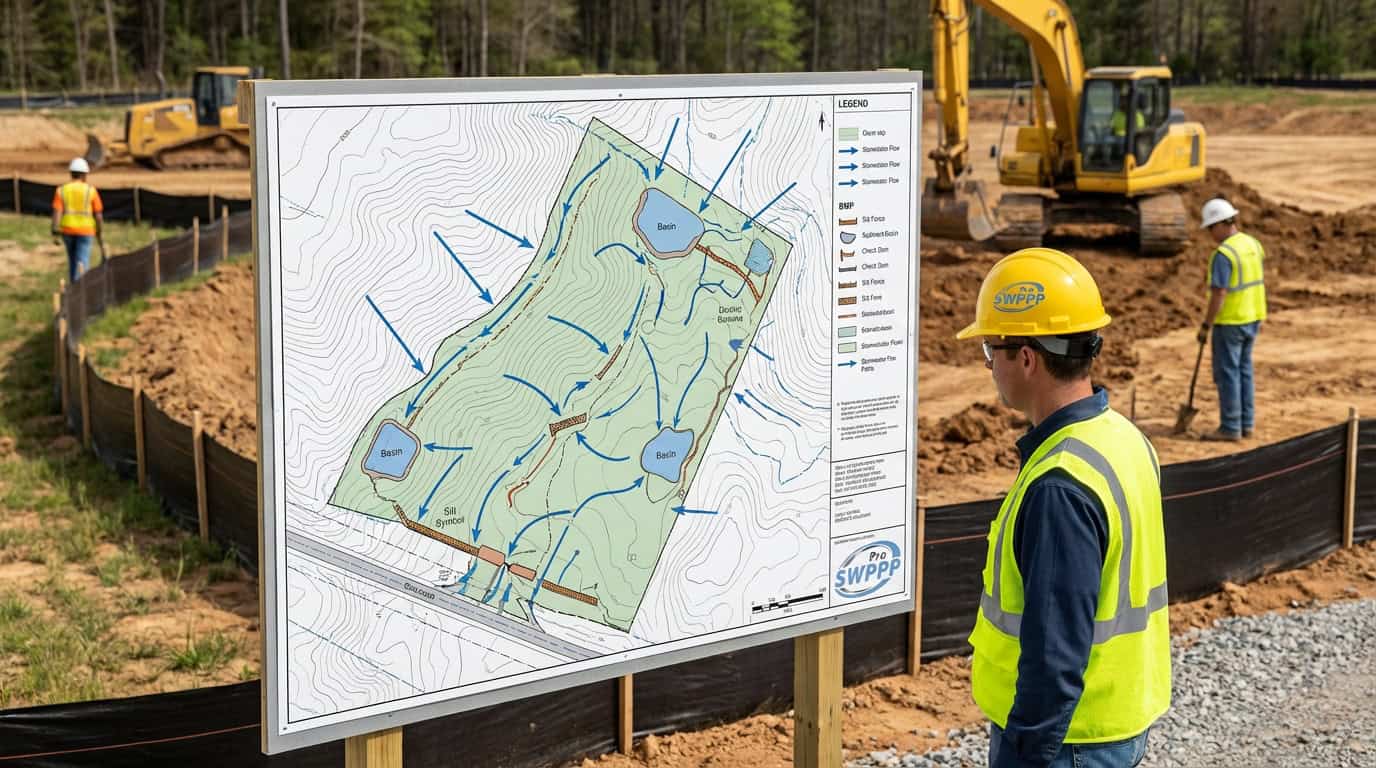 Detailed SWPPP site map showing stormwater flow paths and BMP locations on a construction site