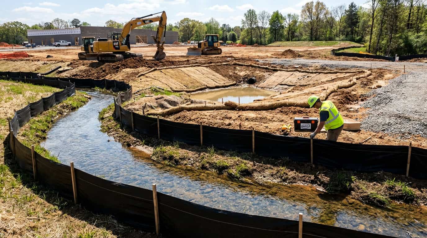 Erosion control and water management at construction site with heavy machinery.