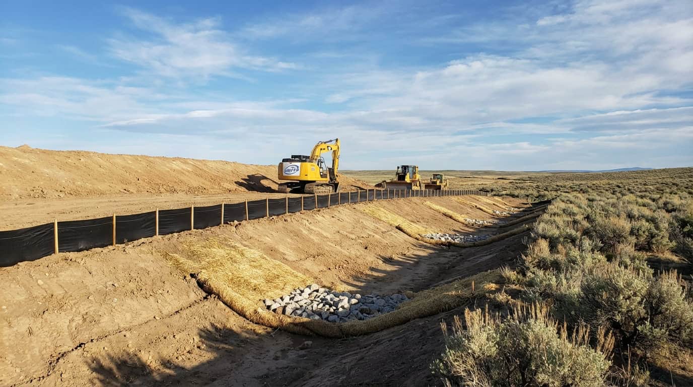 Construction site with erosion control measures and heavy machinery.