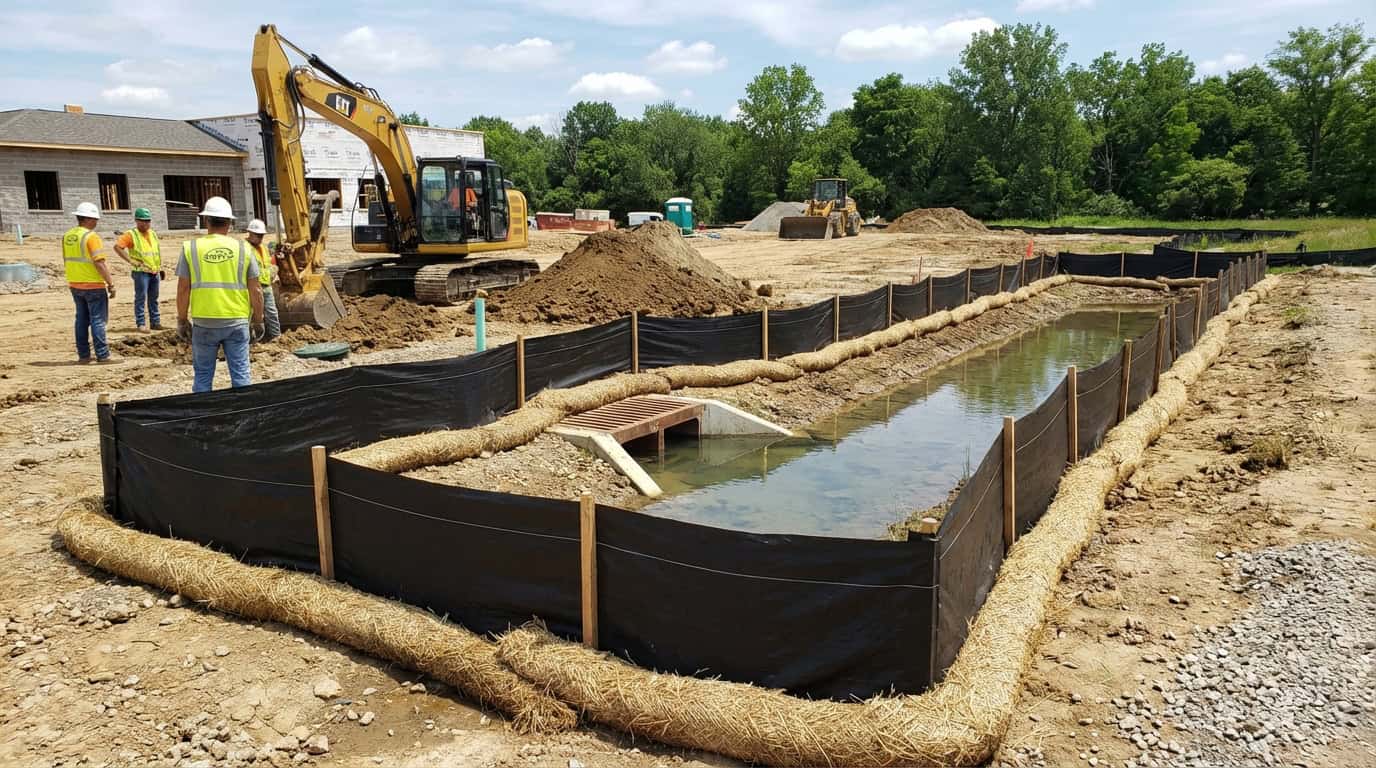 Construction site with erosion control barriers and silt fencing protecting a stormwater drainage area