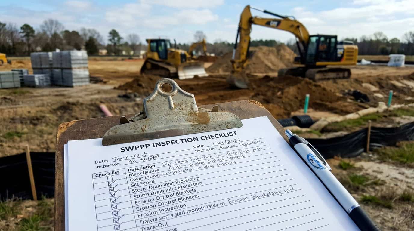 Close-up of SWPPP inspection checklist on clipboard with construction equipment in background