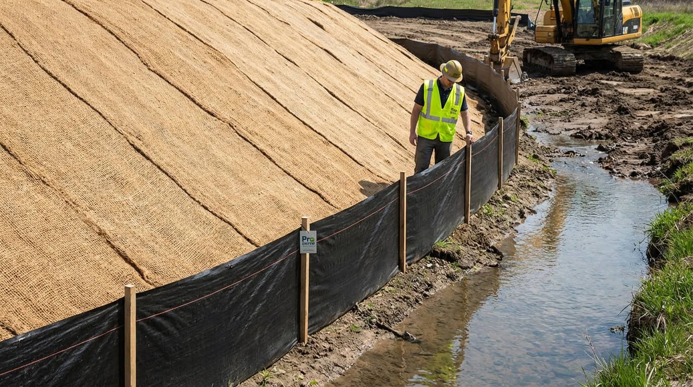 Construction site erosion control using silt fence and heavy machinery.