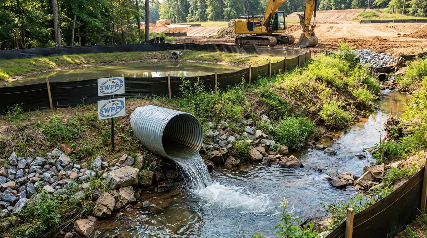 Erosion control system with drainage pipe and sediment pond at construction site.